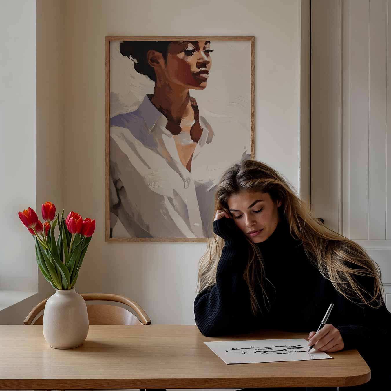 Elegante Vrouw in Witte Blouse Poster-WallArtistic