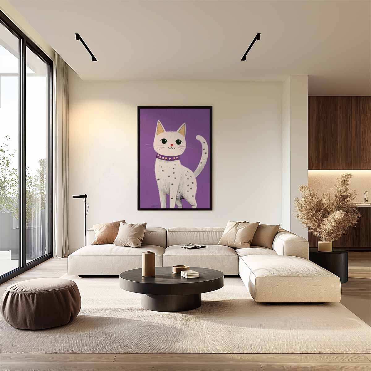 Kat op Paarse Achtergrond Kunstwerk-canvas-dibond-plexiglas-wanddecoratie-WallArtistic