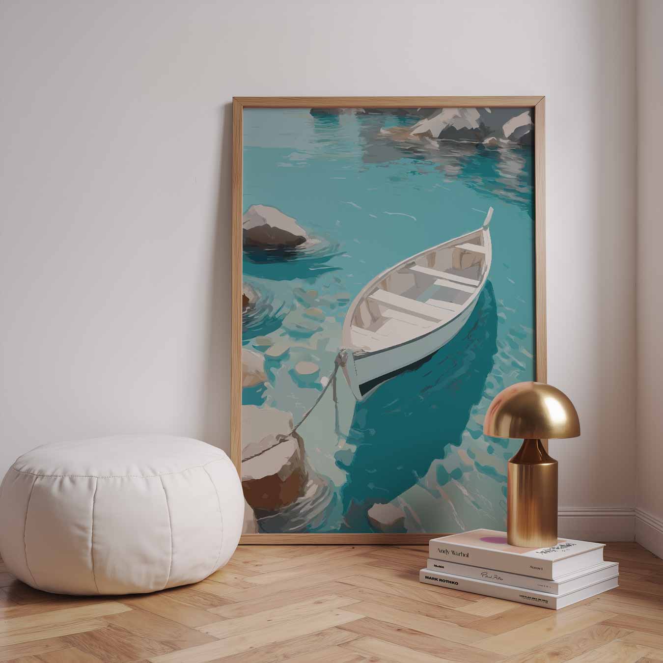 Rustgevende Boot op Helder Blauw Water Poster-WallArtistic