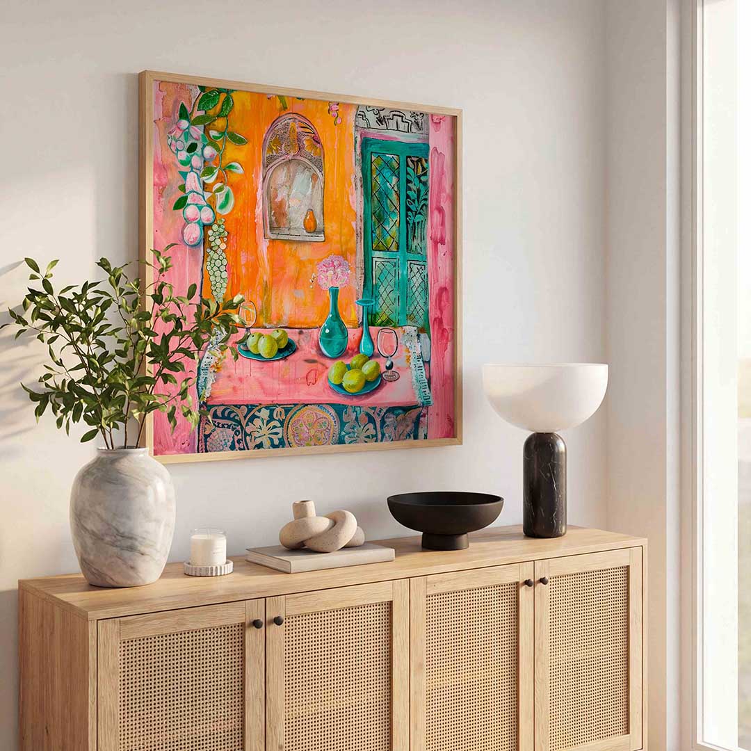 Fruit en vaas op tafel Poster
