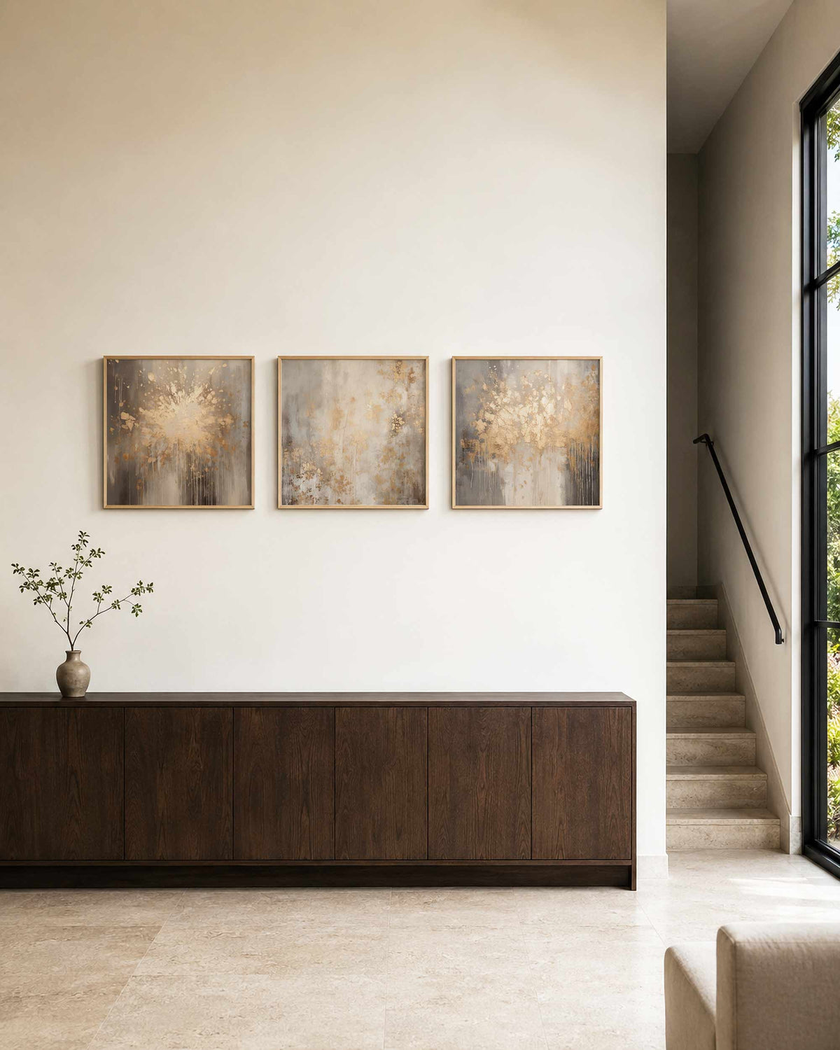 Interieurpresentatie van een driedelige vierkante posterset met abstracte beige wandkunst