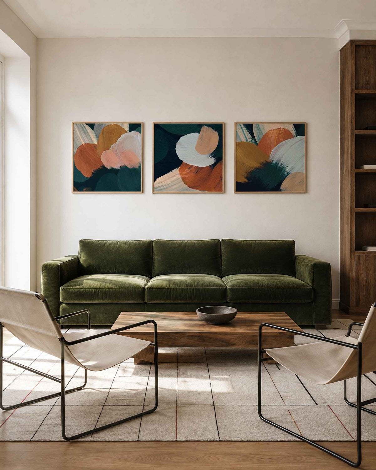 Interieurpresentatie van een driedelige vierkante posterset met abstracte penseelstreken