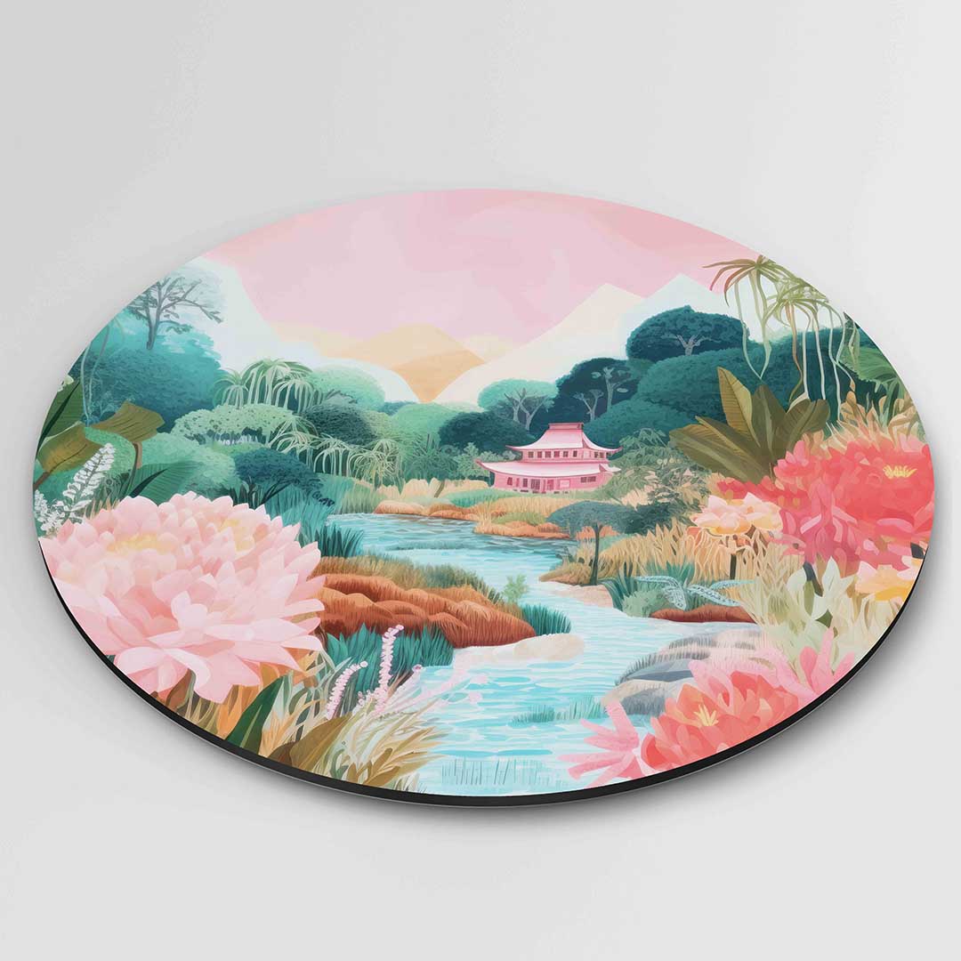 Landschap met bloemen en tempel Muurcirkel