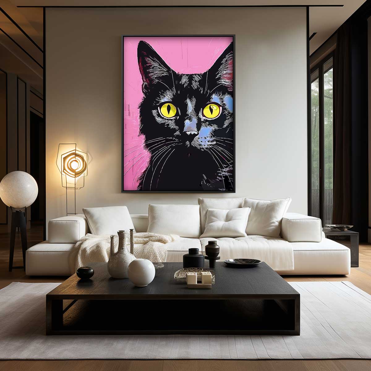 Kunstwerk: Katze mit gelben Augen auf rosa Hintergrund
