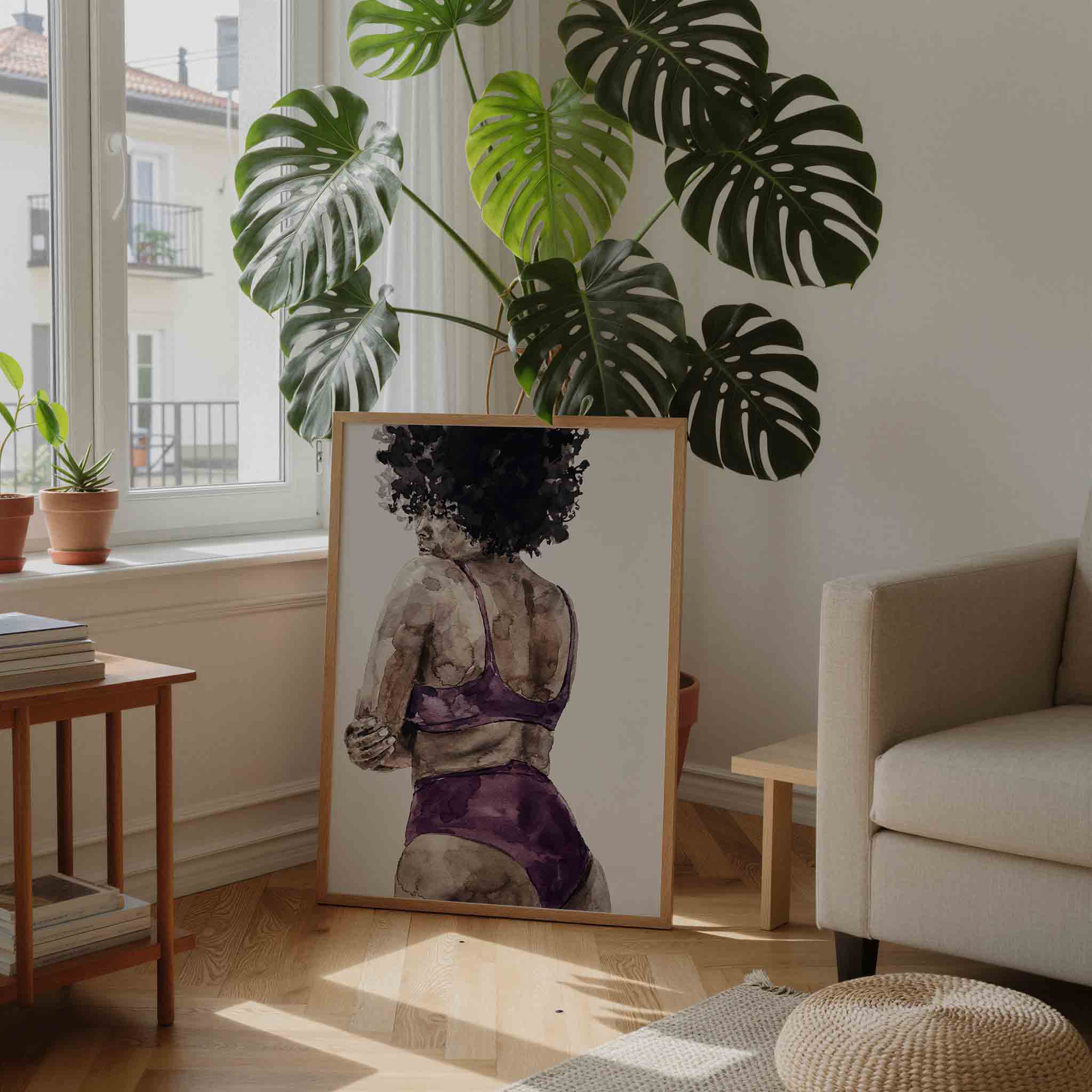 Vrouw in paarse kleding Poster