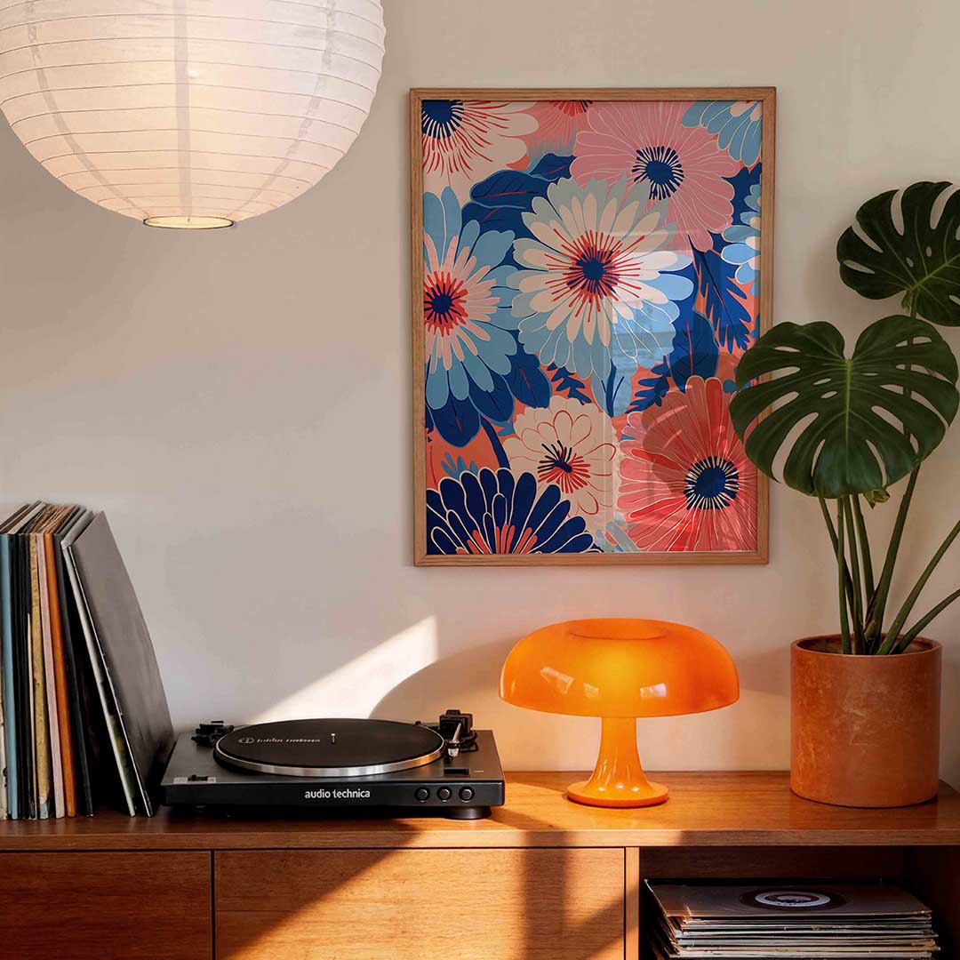 Bloemen in blauw en roze Poster