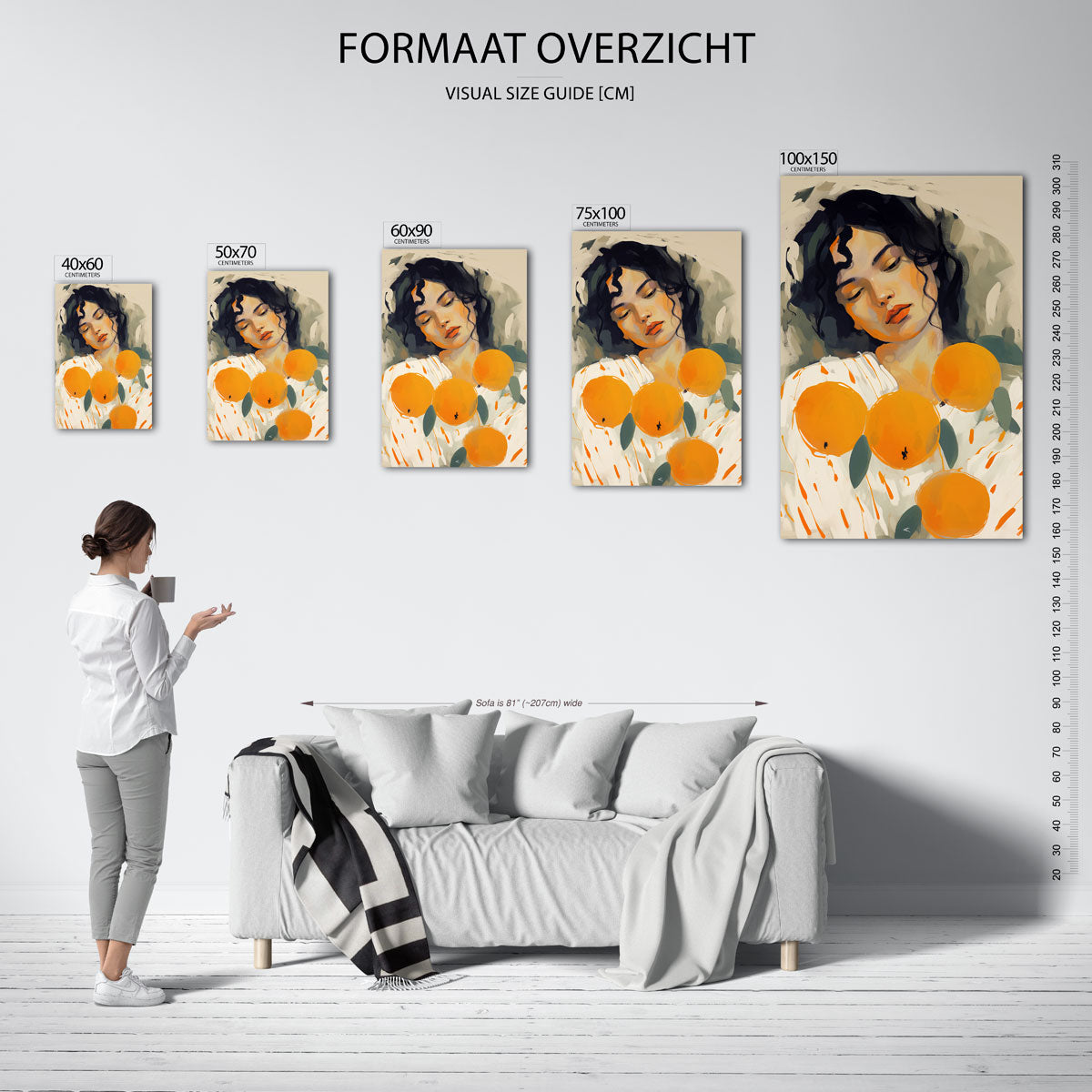Dromerige vrouw en sinaasappels Kunstwerk