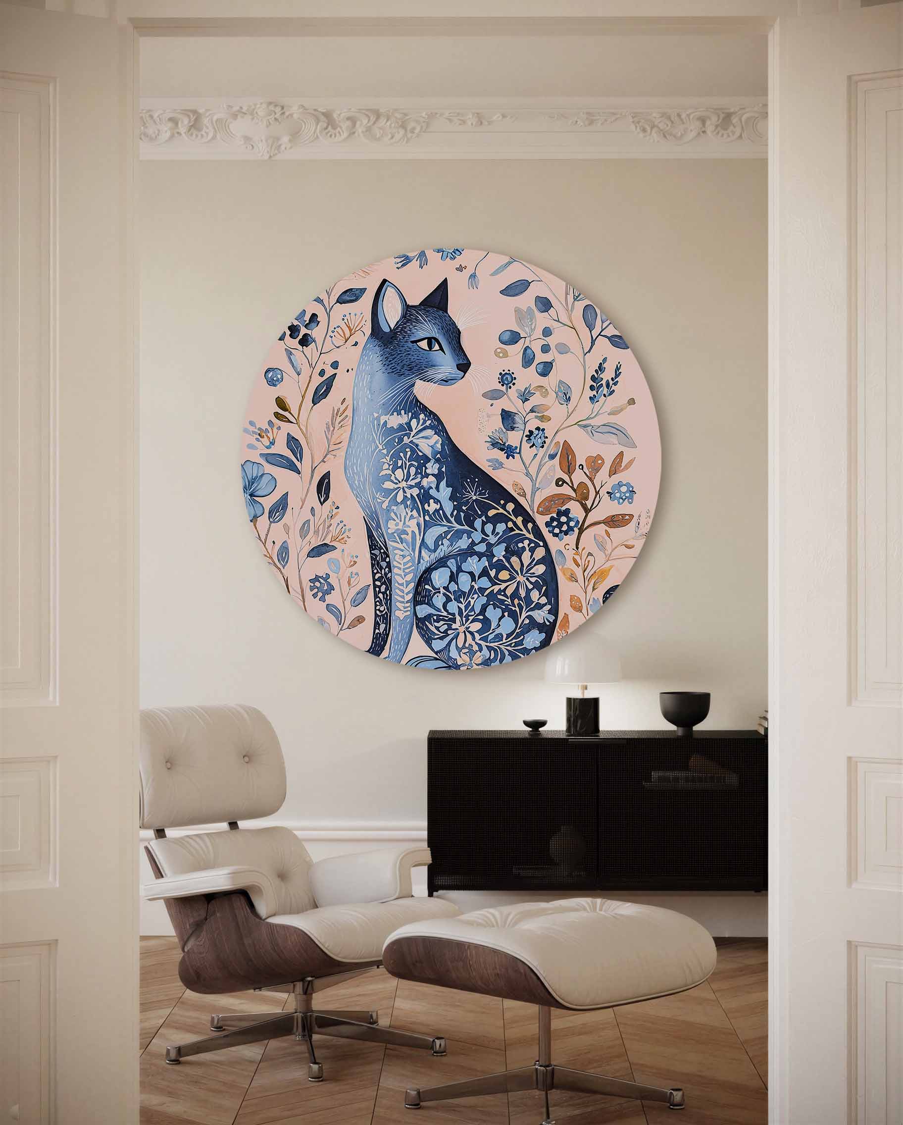 Blauwe kat en bloemen Muurcirkel
