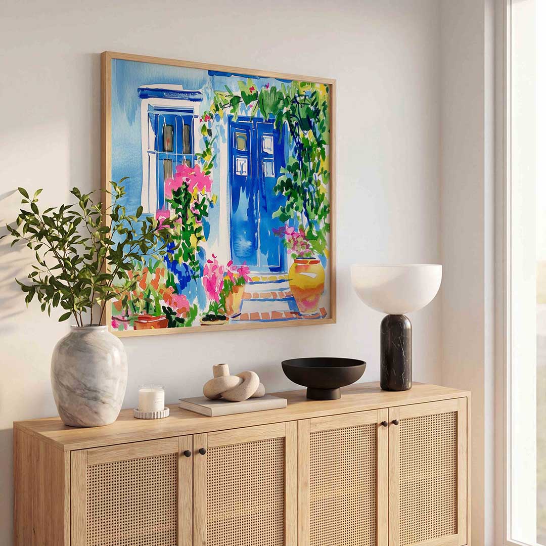 Blauwe deur en bloemen Poster