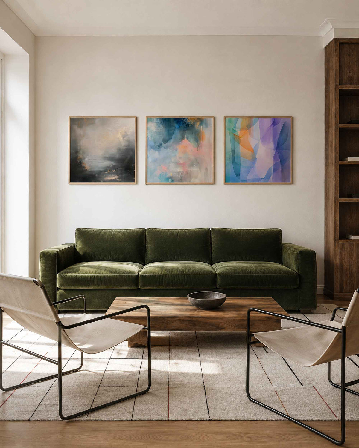 Interieurpresentatie van een driedelige vierkante posterset met abstracte kleuren