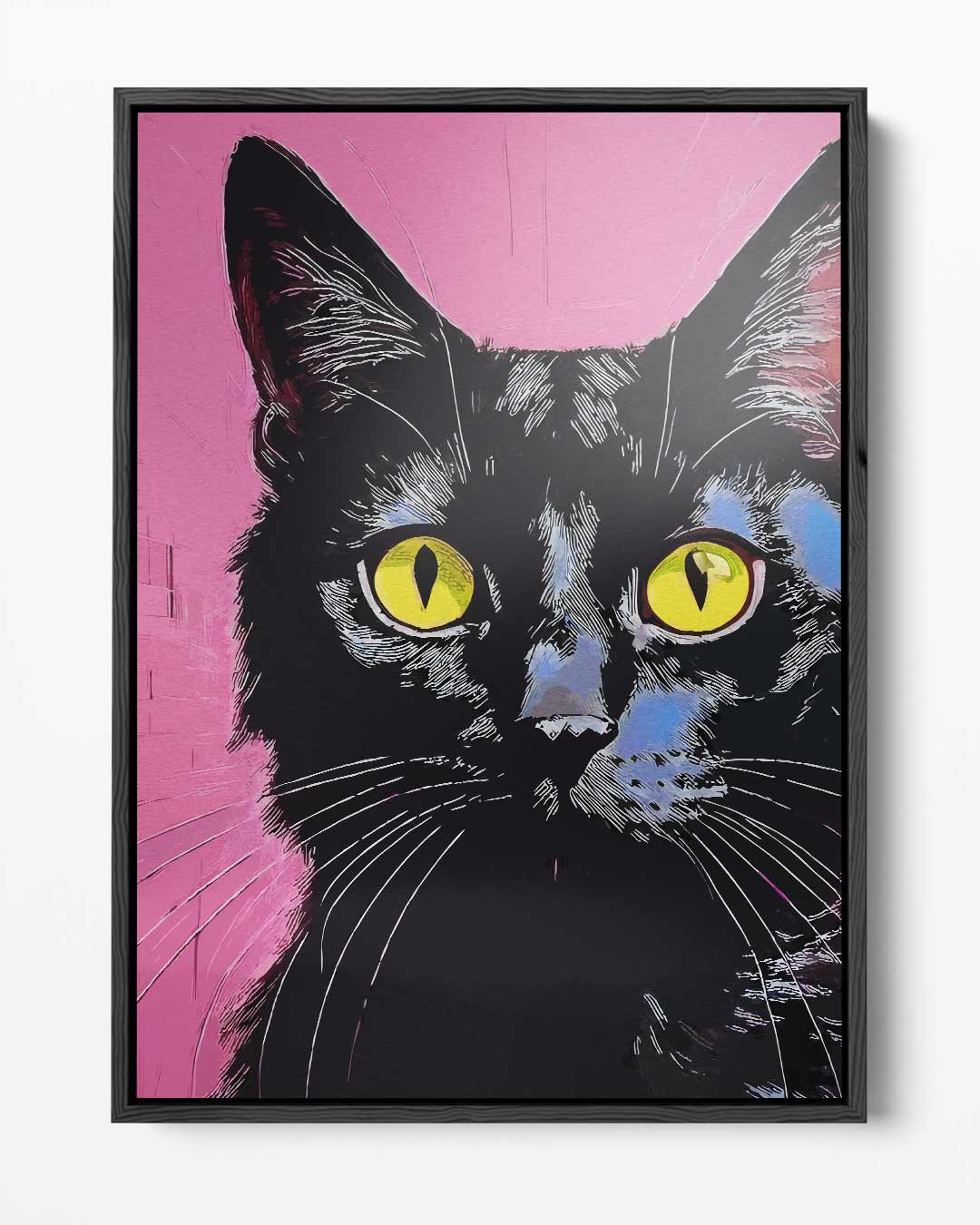 Kunstwerk: Katze mit gelben Augen auf rosa Hintergrund
