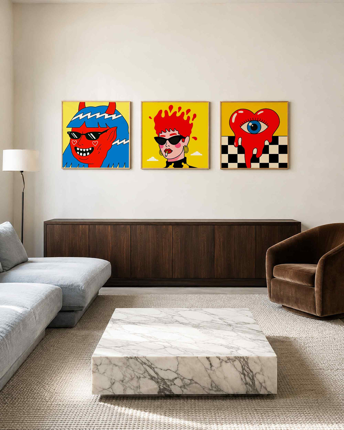 Interieurpresentatie van een driedelige vierkante posterset met popart portretten