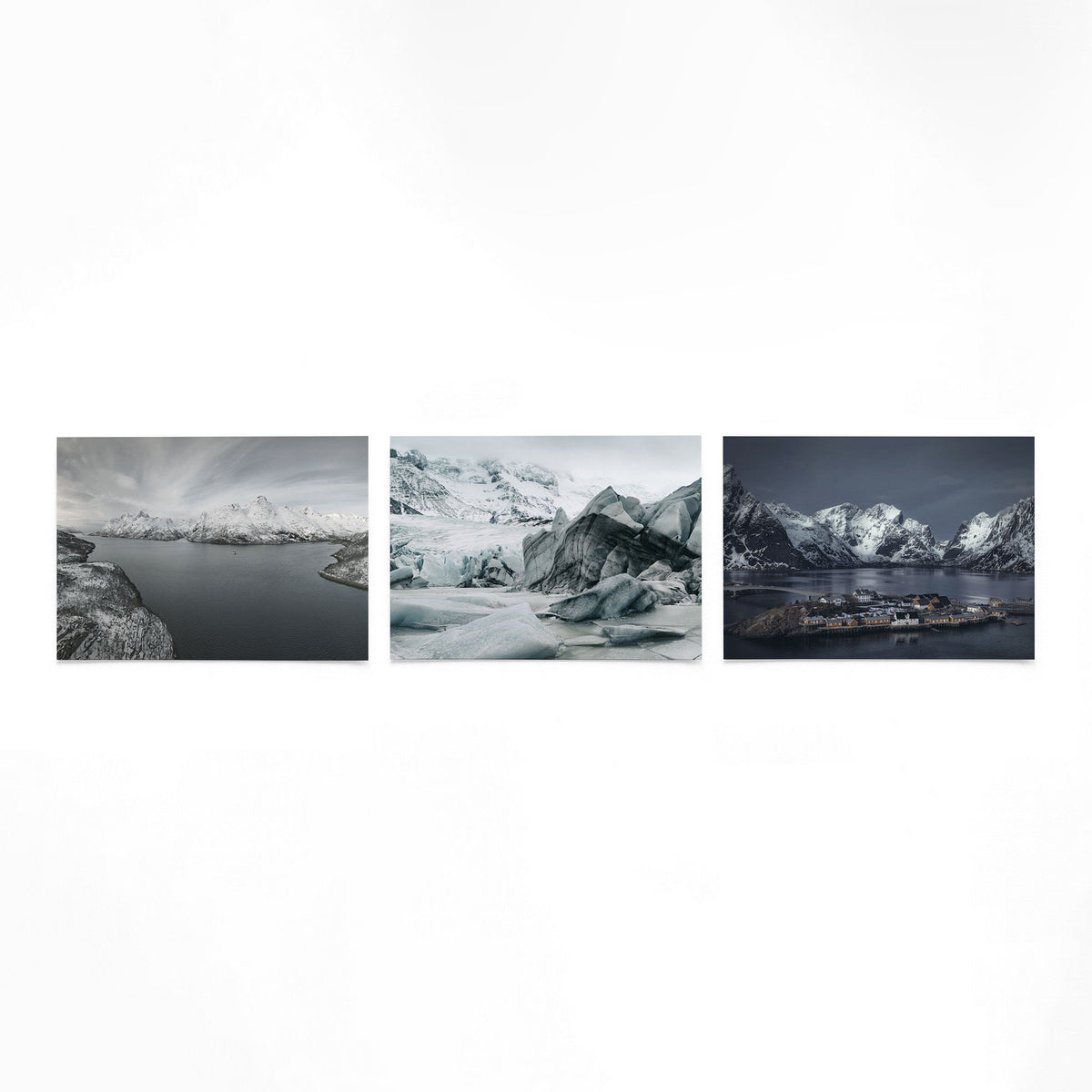 Productfoto van drie liggende posters met winterstilte aan het water – Gerald Emming
