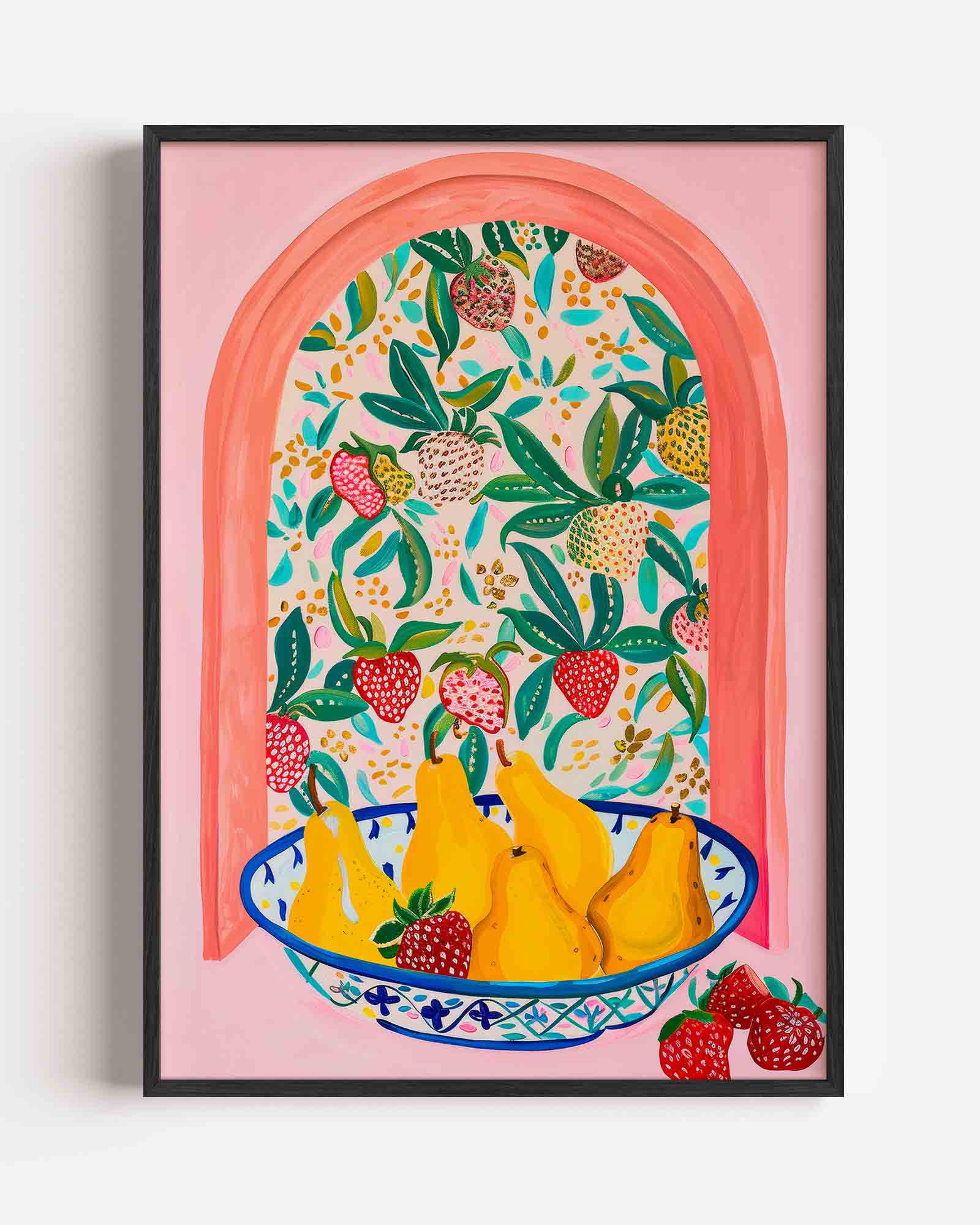 Fruitmand met peren en aardbeien Poster