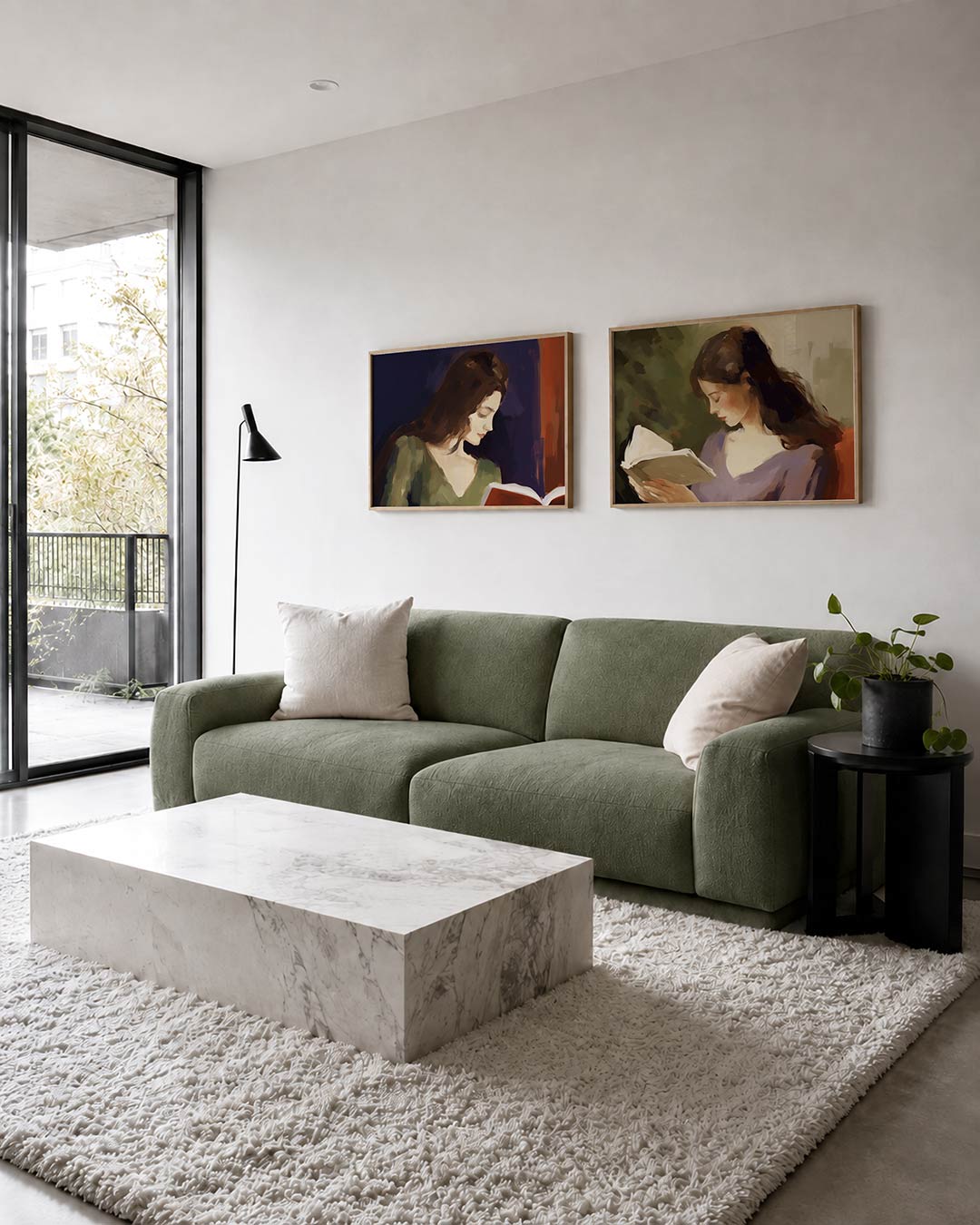 Twee liggende posters met een vrouw met een boek, aan de muur in een interieur