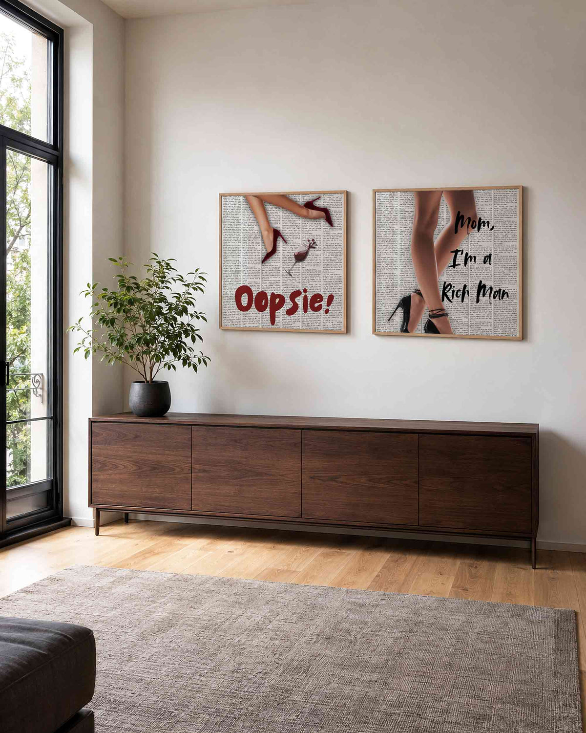 Interieurpresentatie van een tweedelige vierkante posterset met new york mode