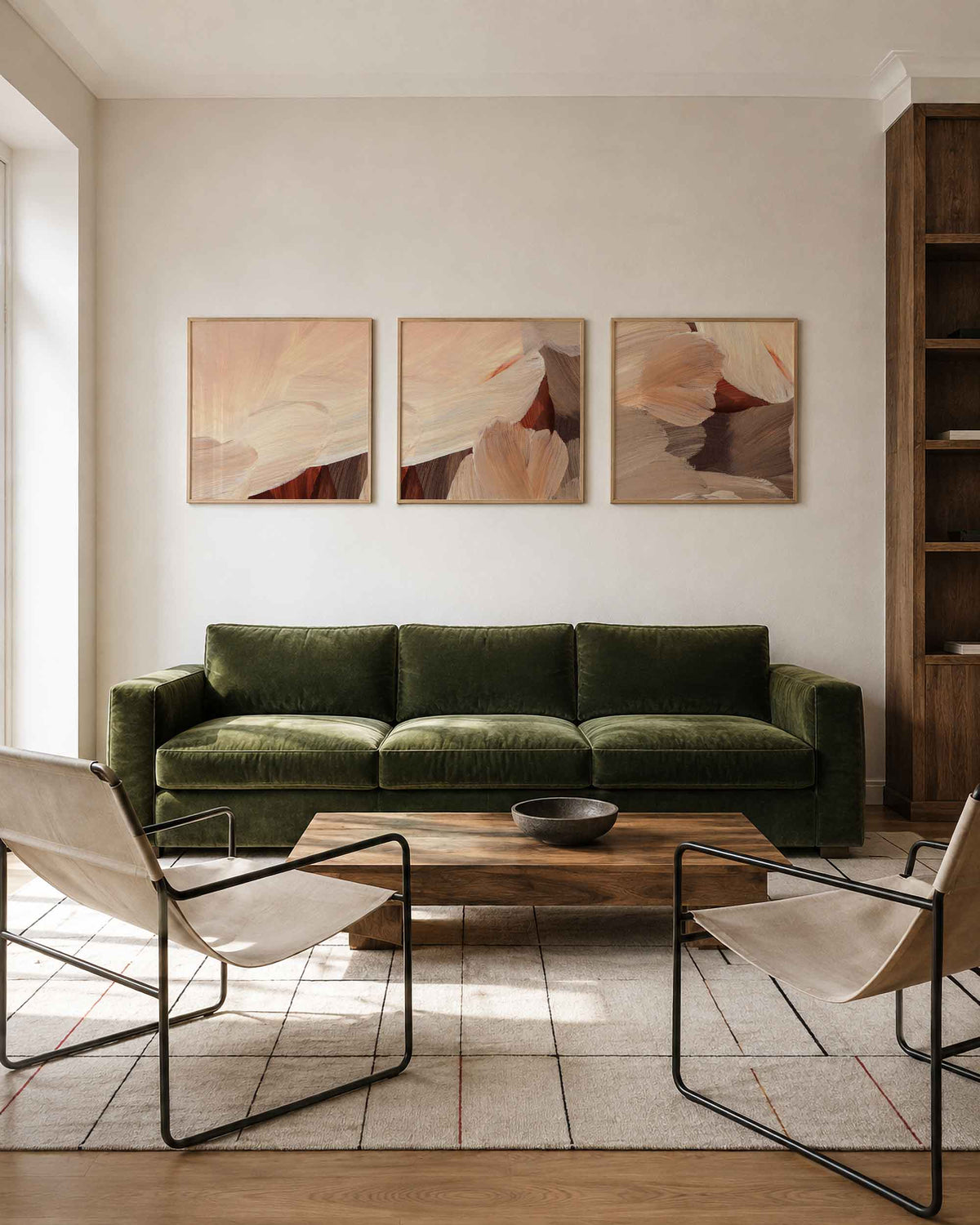 Interieurpresentatie van een driedelige vierkante posterset met abstracte aardetinten