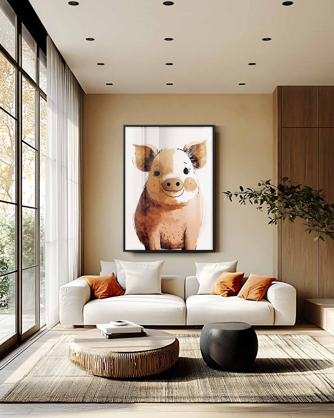 Vrolijk Varkentje Portret Kunstwerk-canvas-dibond-plexiglas-wanddecoratie-WallArtistic