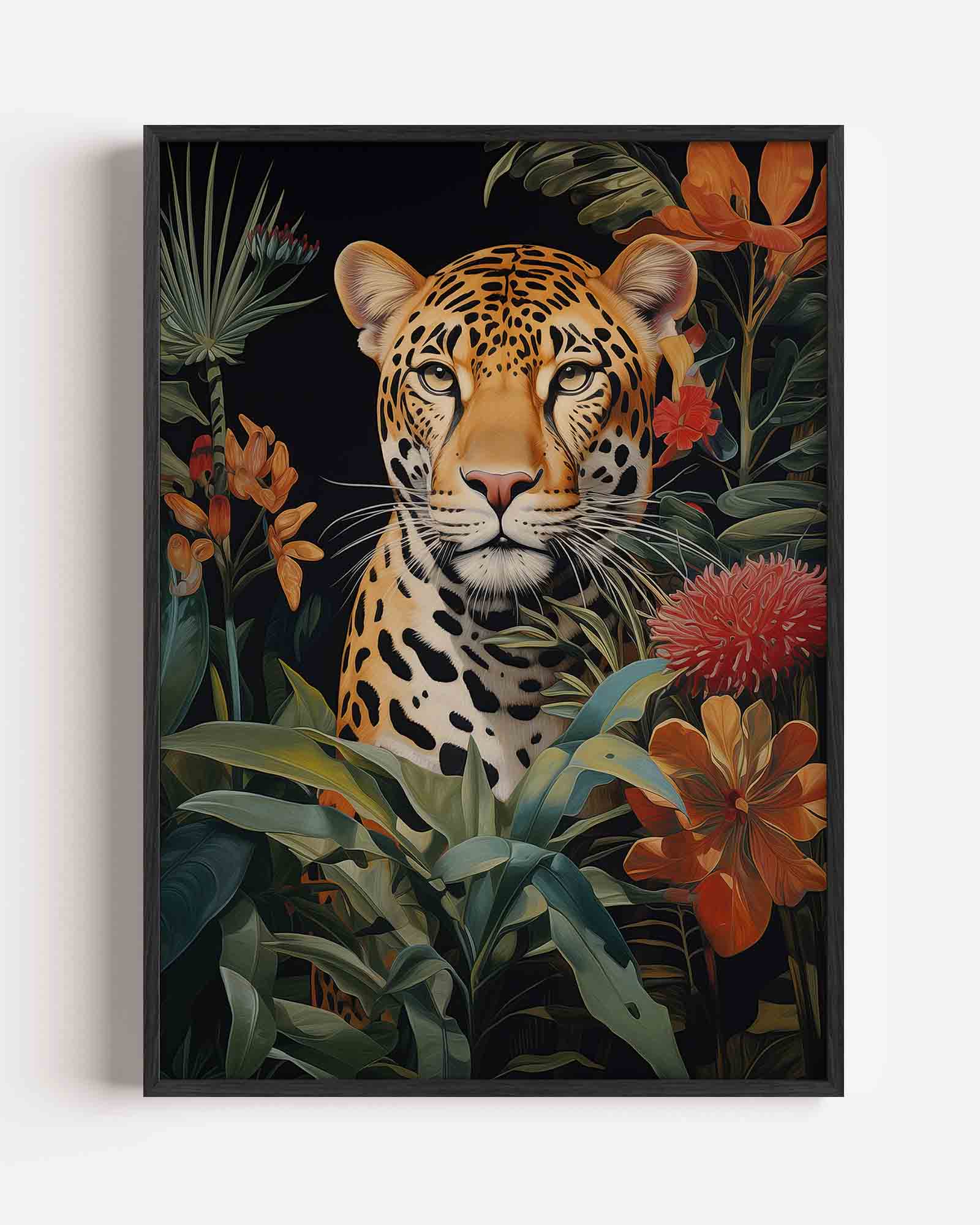 Luipaard tussen tropische bloemen Poster