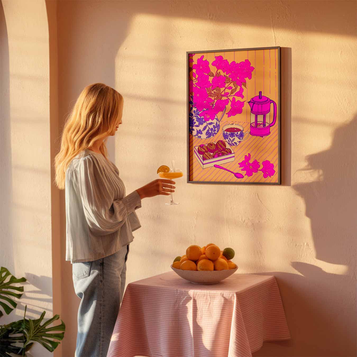 Roze Bloemen en Koffie Moment Poster-WallArtistic