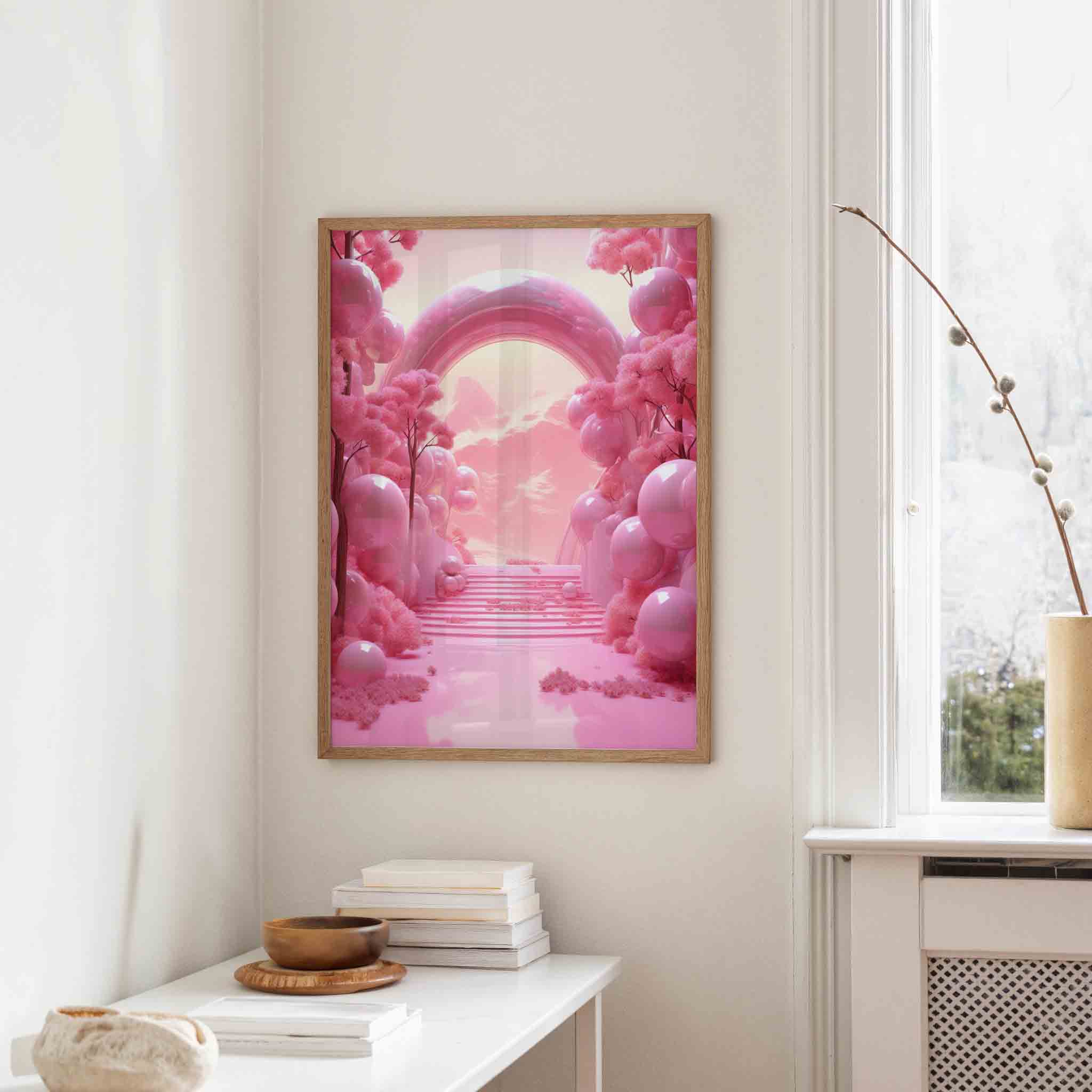 Roze landschap met bogen Poster