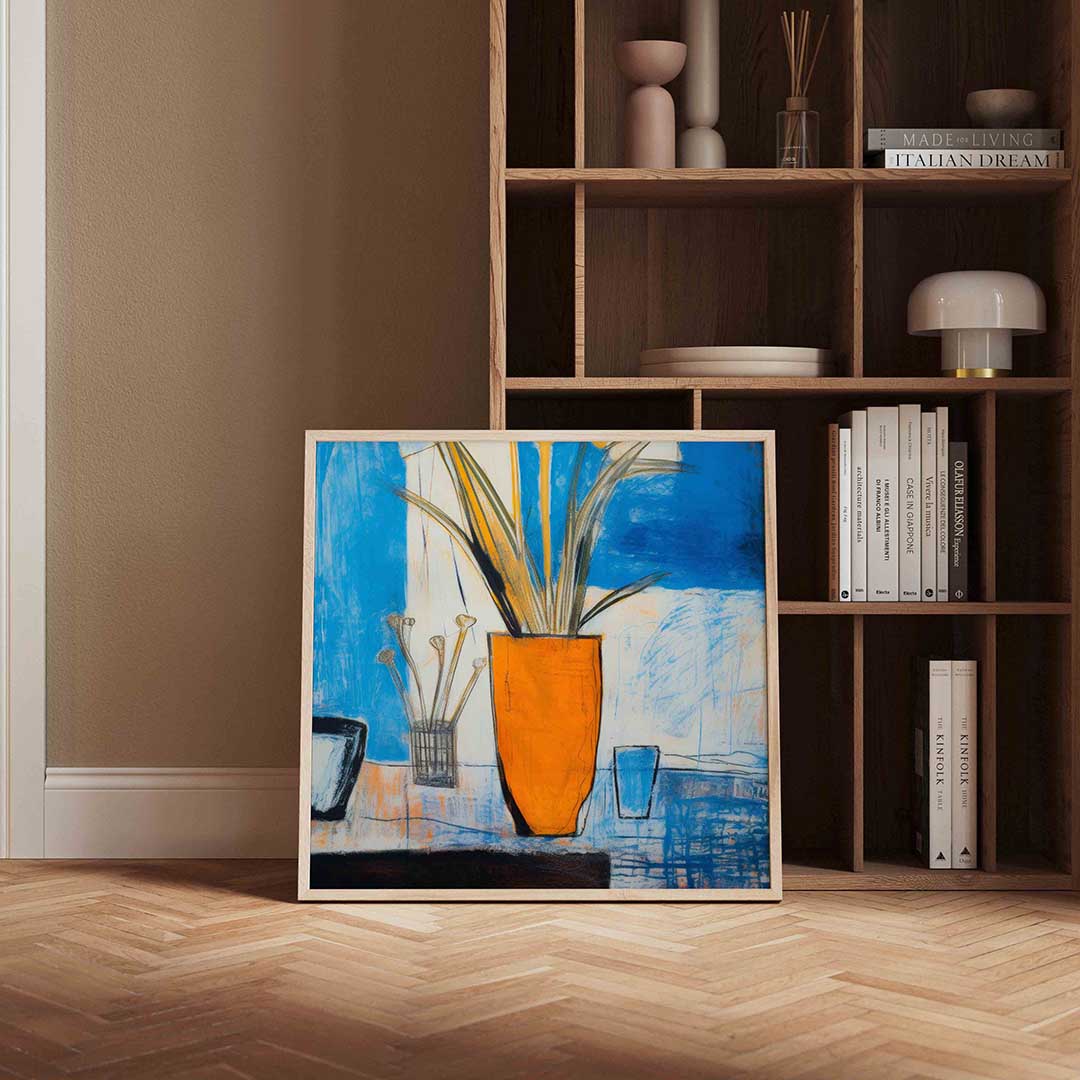 Oranje vaas met bloemen Poster