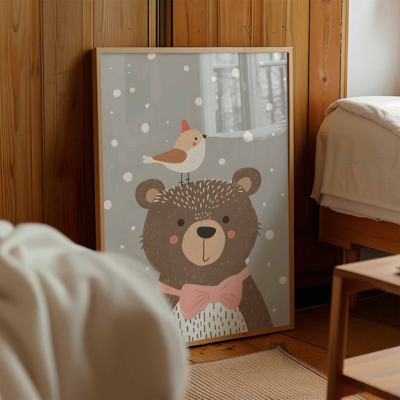 Lieve Beer en Vogeltje Poster-WallArtistic