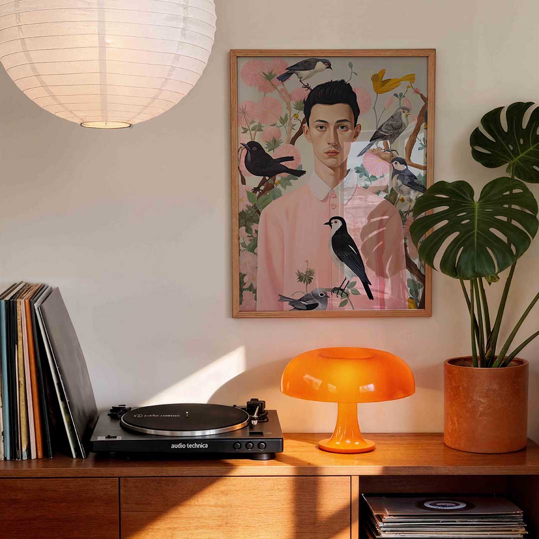 Vogels en man in roze Poster