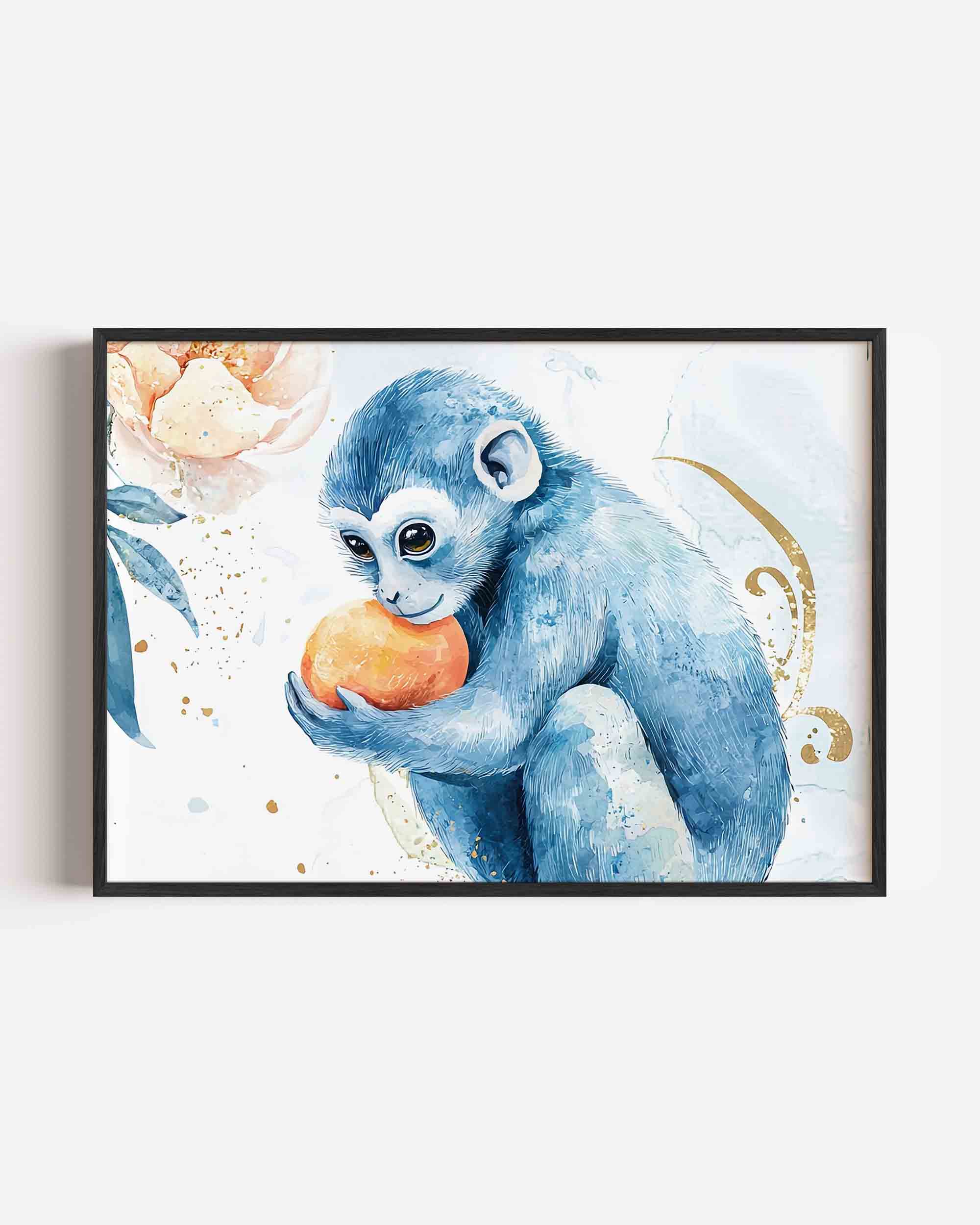 Blauwe aap met sinaasappel Poster