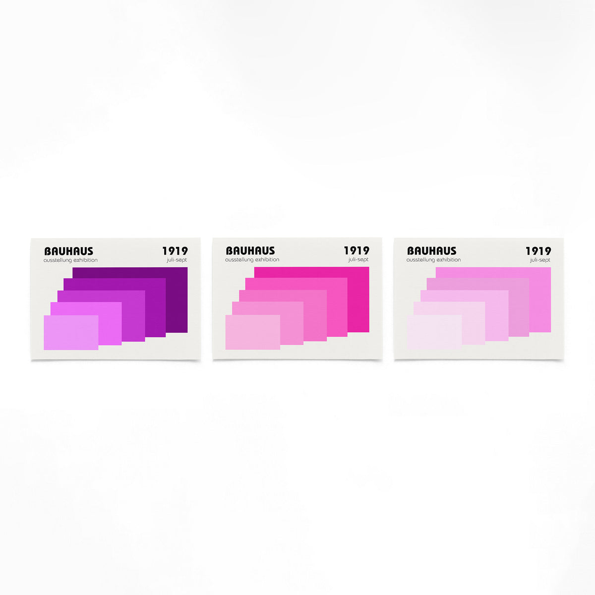 Drie landscape posters met roze vlakkenreeks als vrijstaande productfoto