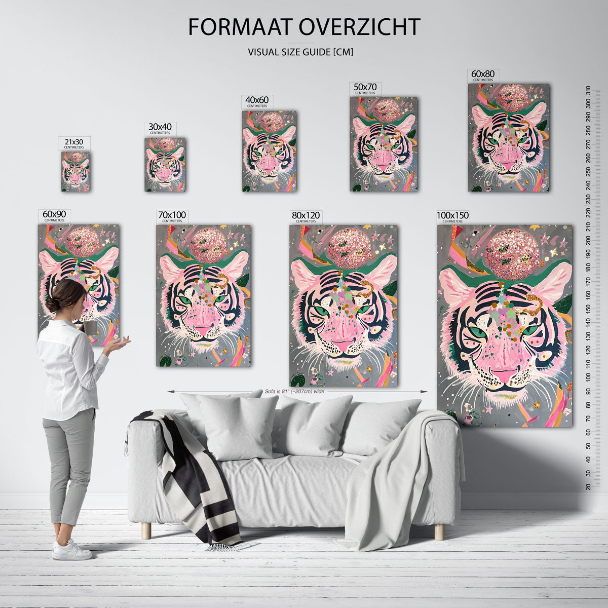 Tijger met roze en groene accenten Poster