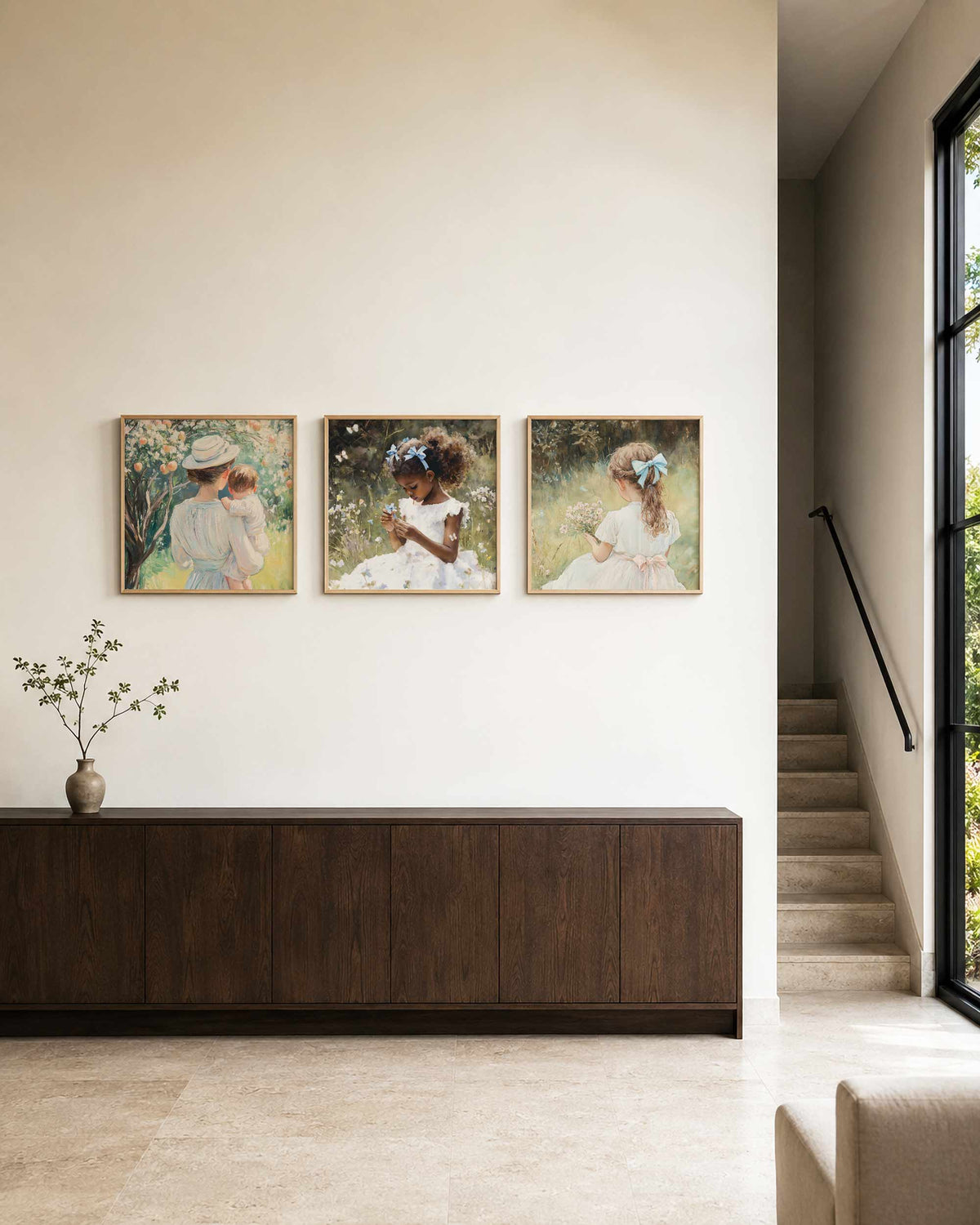 Interieurpresentatie van een driedelige vierkante posterset met meisjes in de bloementuin