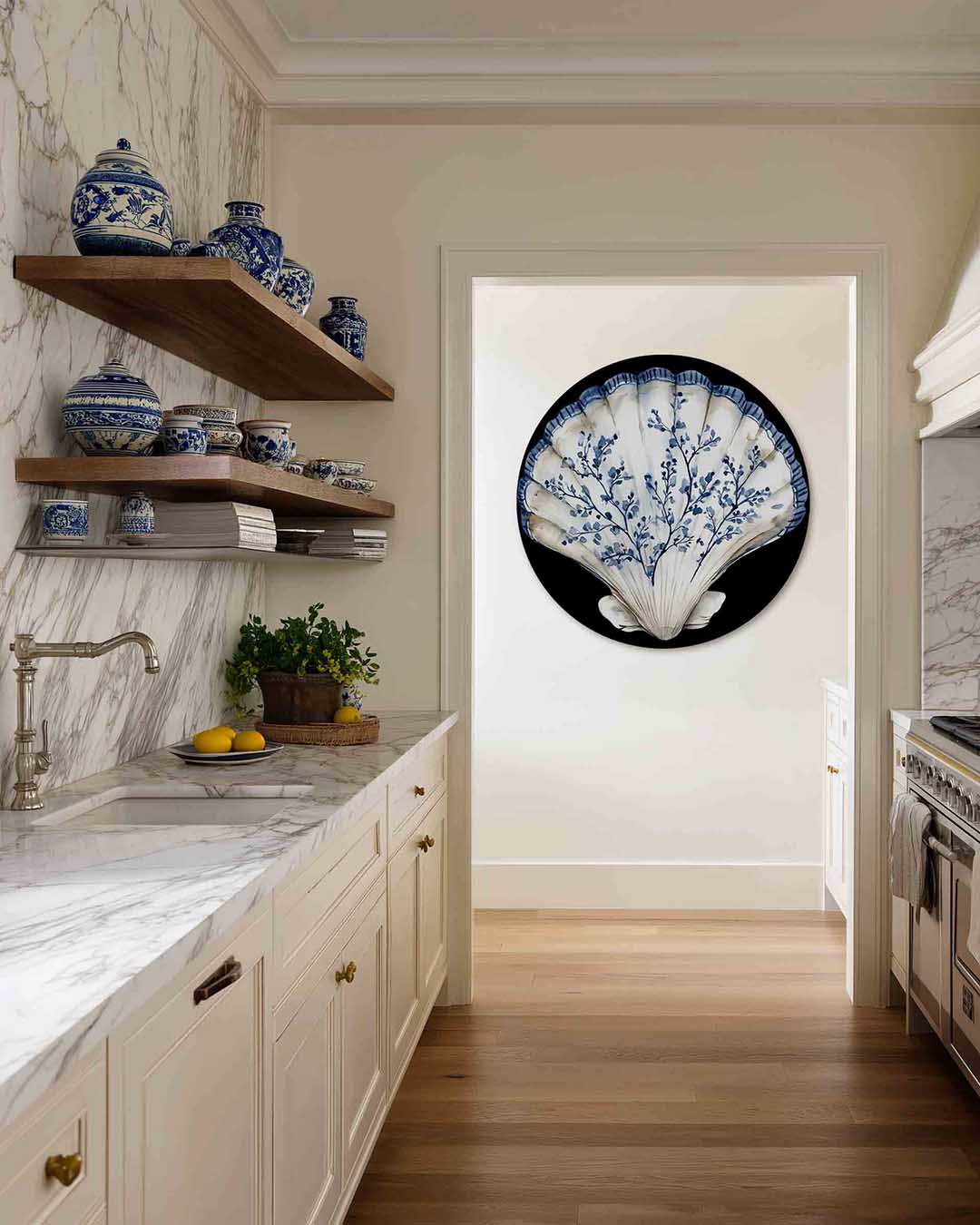 Schelp met blauwe takken Muurcirkel