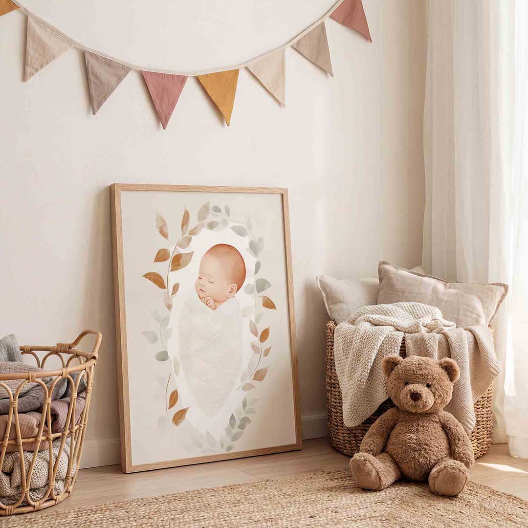 Slapende baby met bladeren Poster