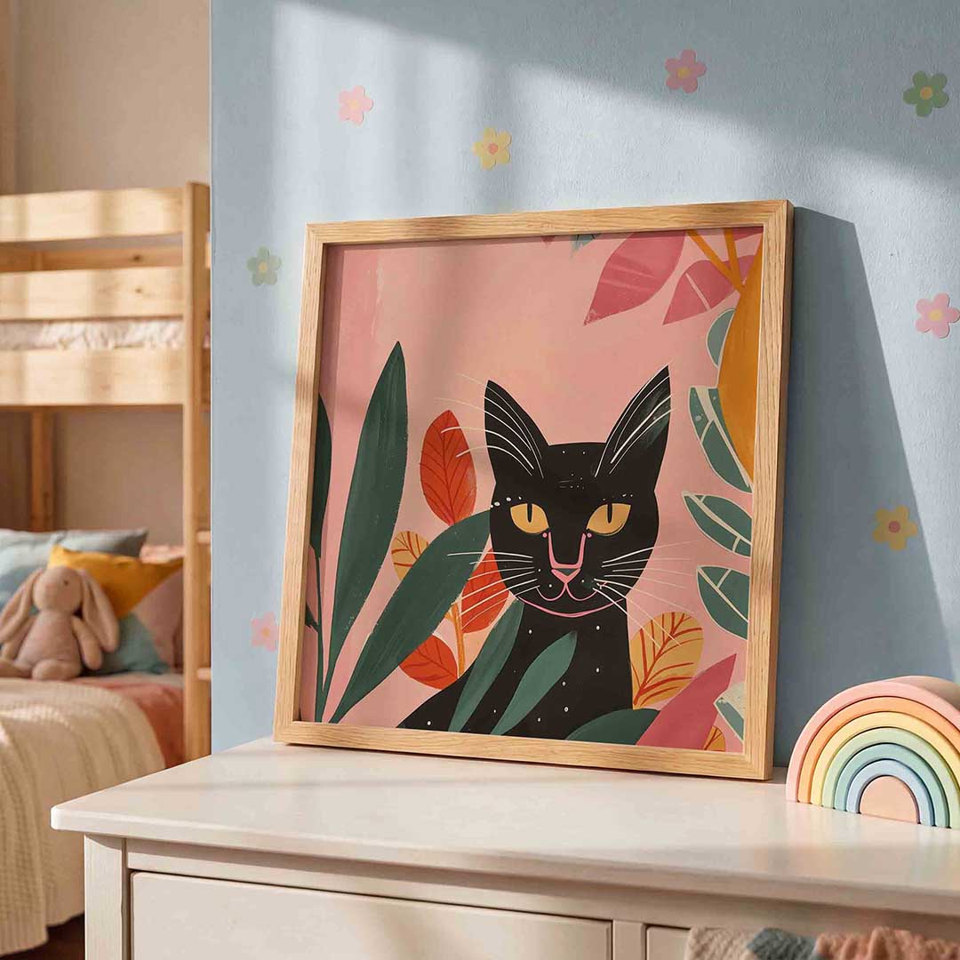 Zwarte kat en bladeren Poster