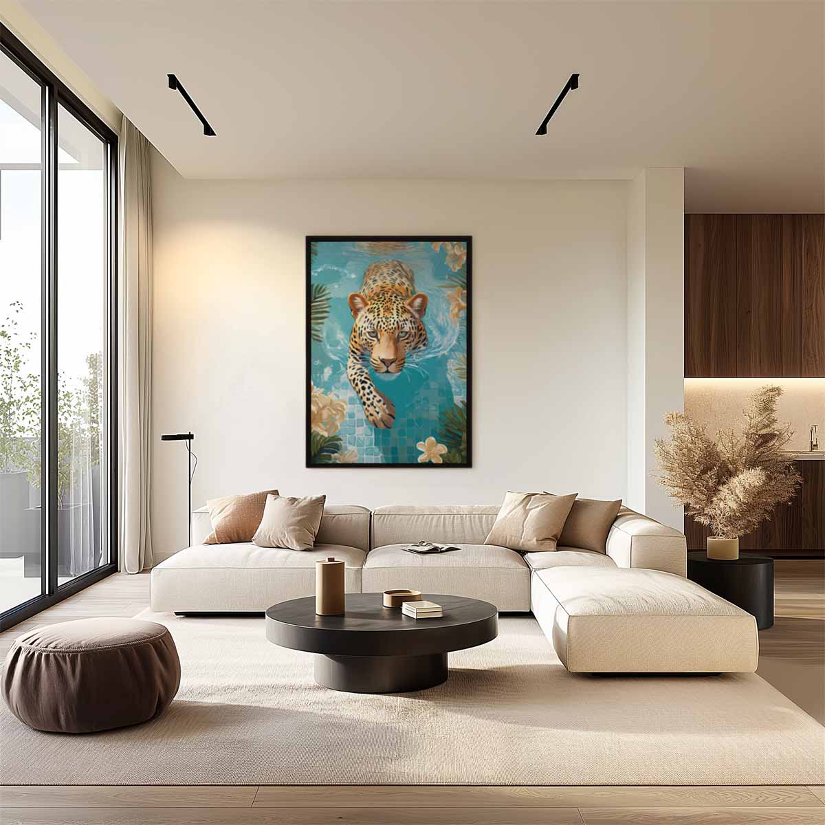 Zwemmende Luipaard in Tropisch Paradijs Kunstwerk-canvas-dibond-plexiglas-wanddecoratie-WallArtistic