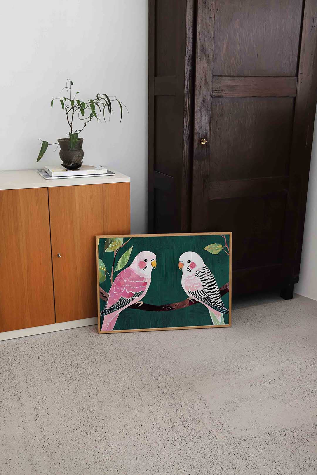 Twee parkieten op tak Poster