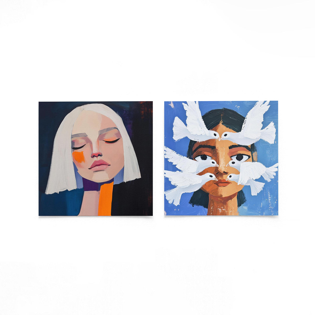 Twee vierkante posters met gezichten en duiven op een gebroken witte achtergrond