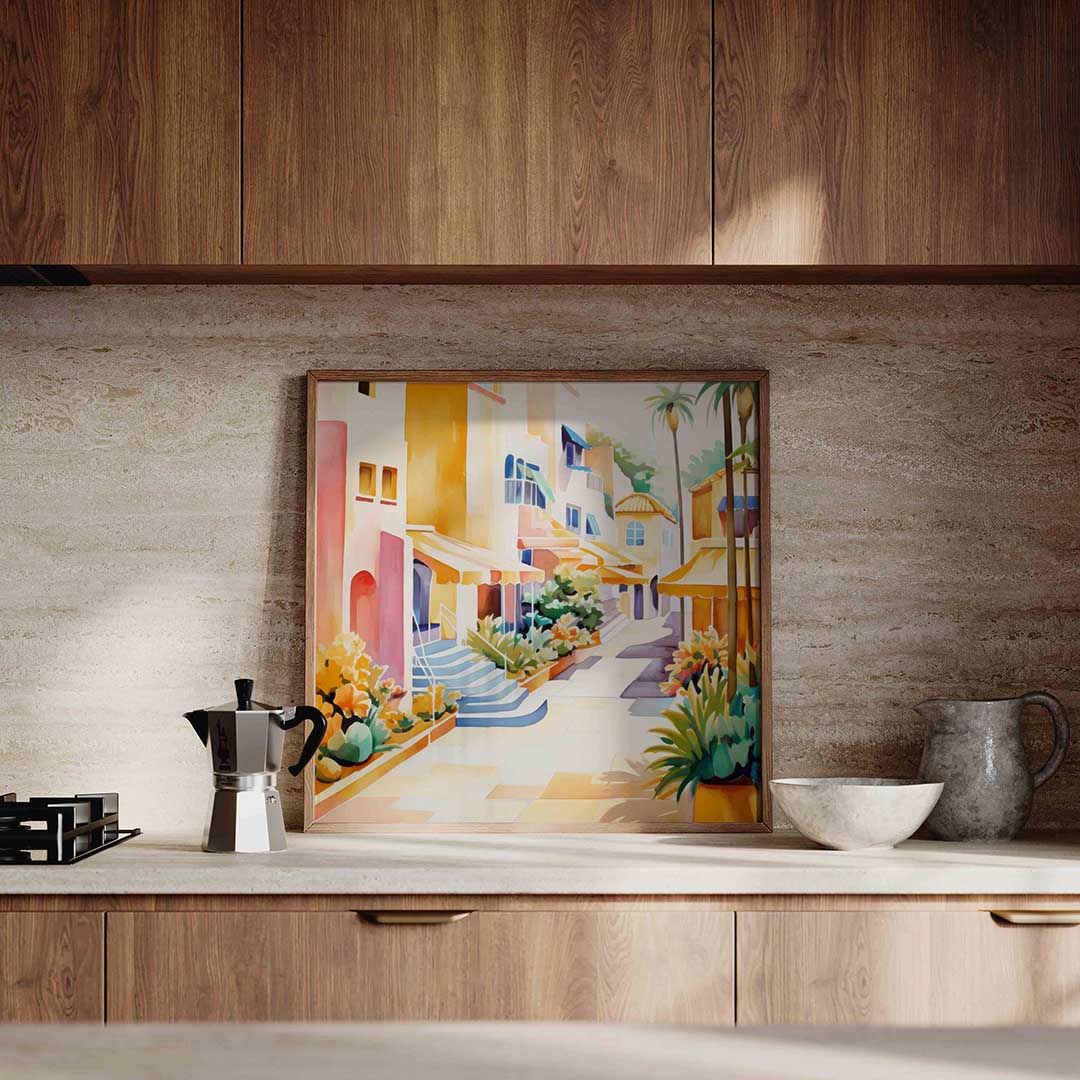 Zonnige straat met palmbomen Poster