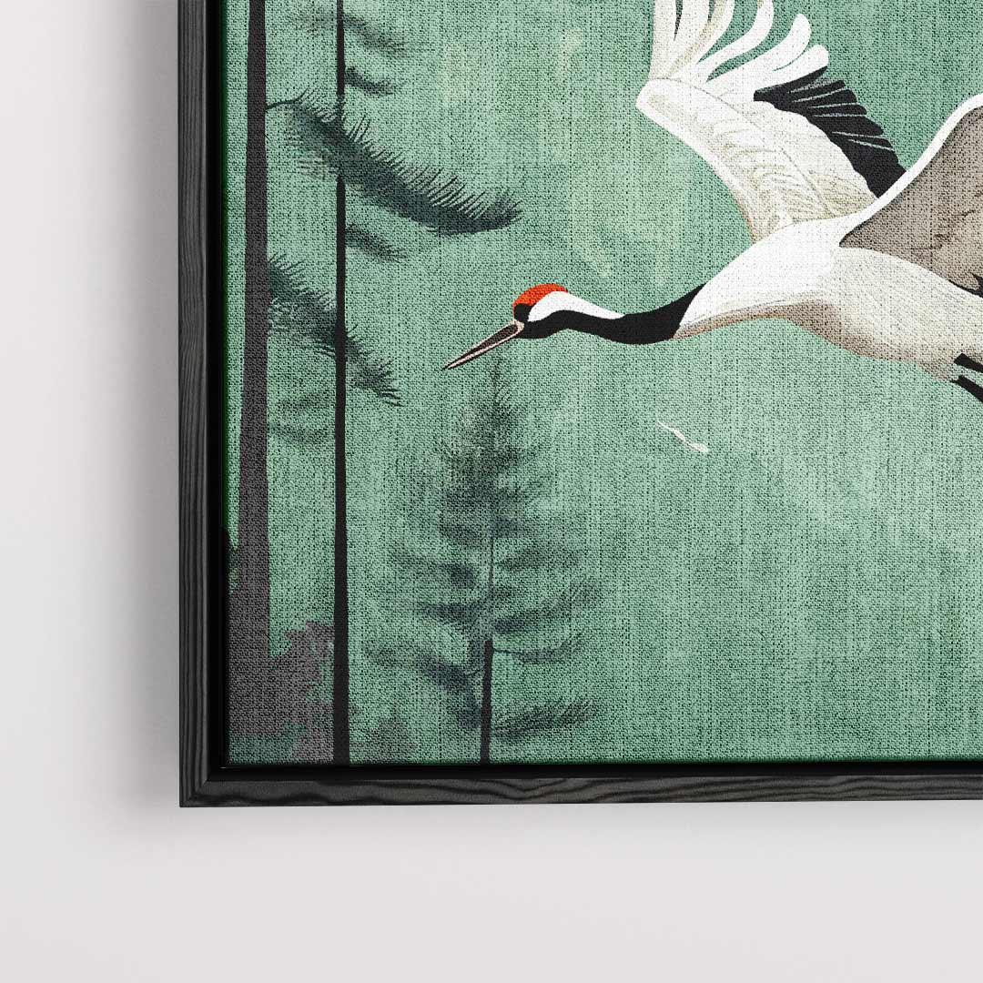 Kunstwerk: Fliegende Kraniche in einer Berglandschaft