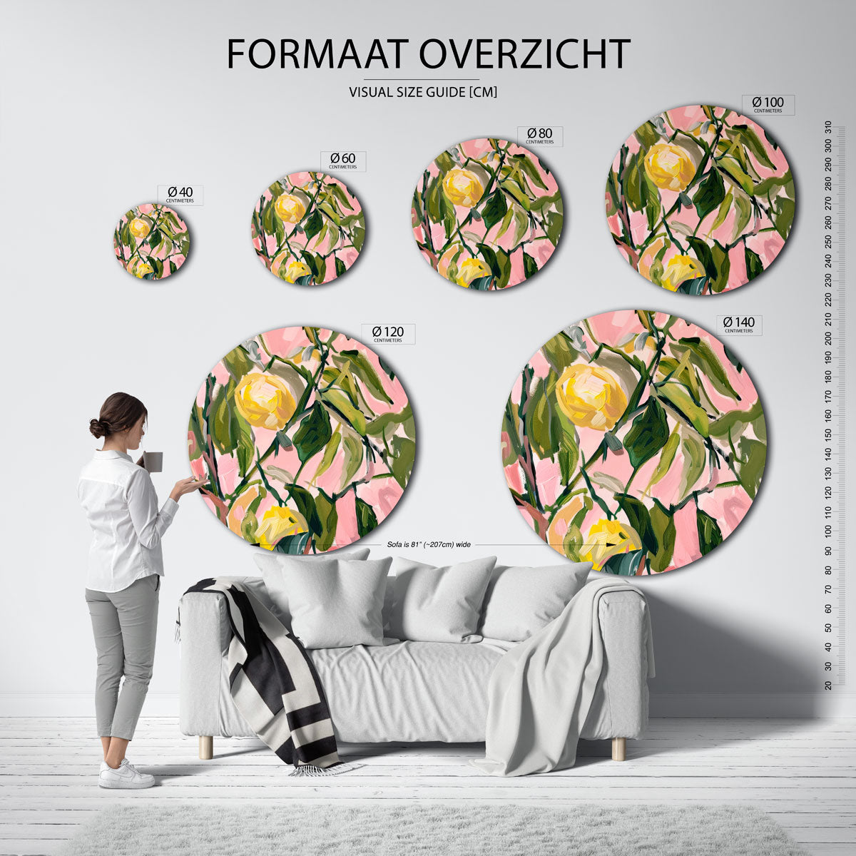 Roze en groene bladeren Muurcirkel