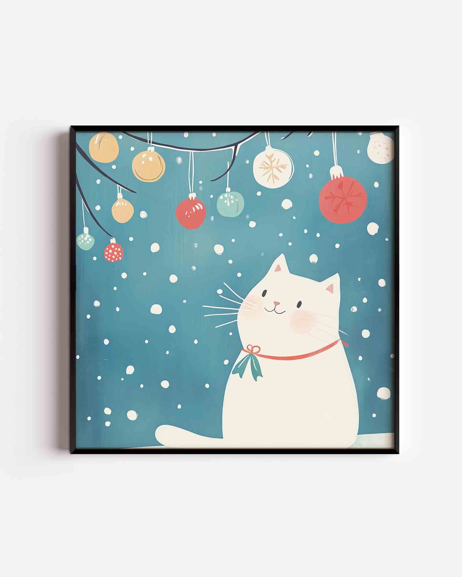 Witte kat met kerstballen Poster