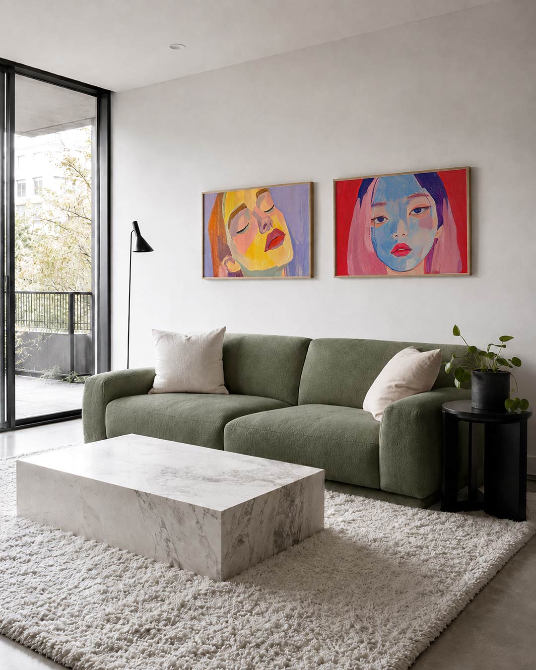 Tweedelige posterset met een gezicht in levendige kleurvlakken, getoond in een interieur