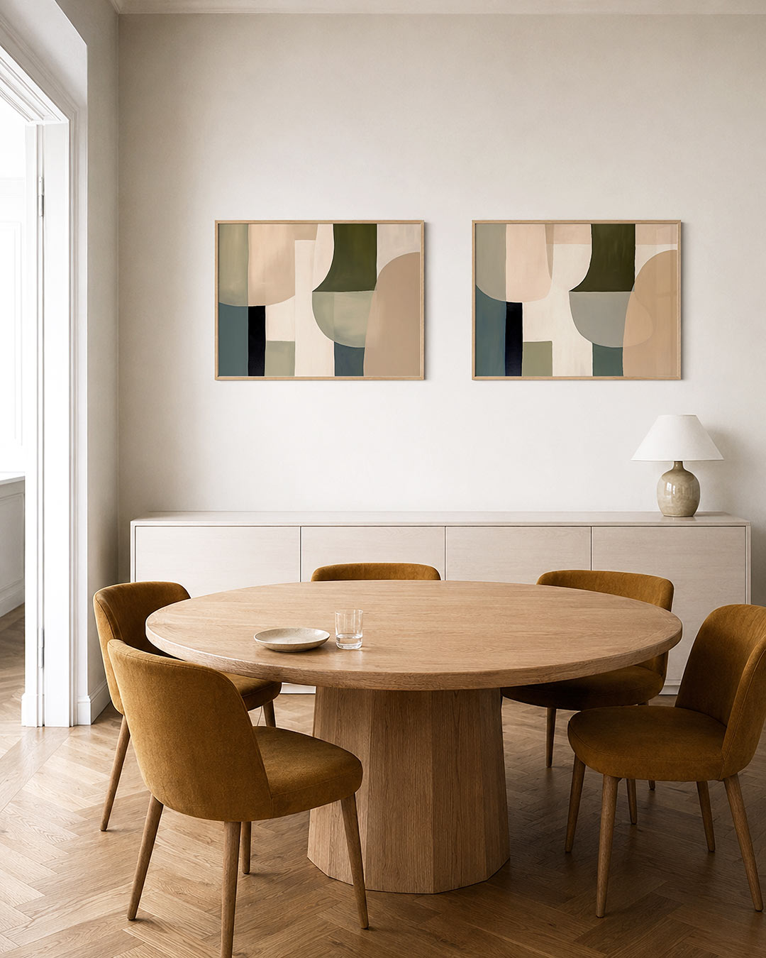 Tweedelige posterset met zachte kleuren en vloeiende lijnen, getoond in een interieur