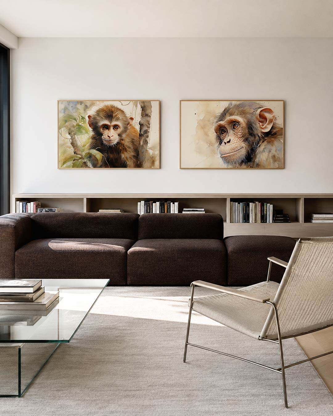 Twee liggende posters met donkere tinten en een rustige visuele opbouw, aan de muur in een interieur