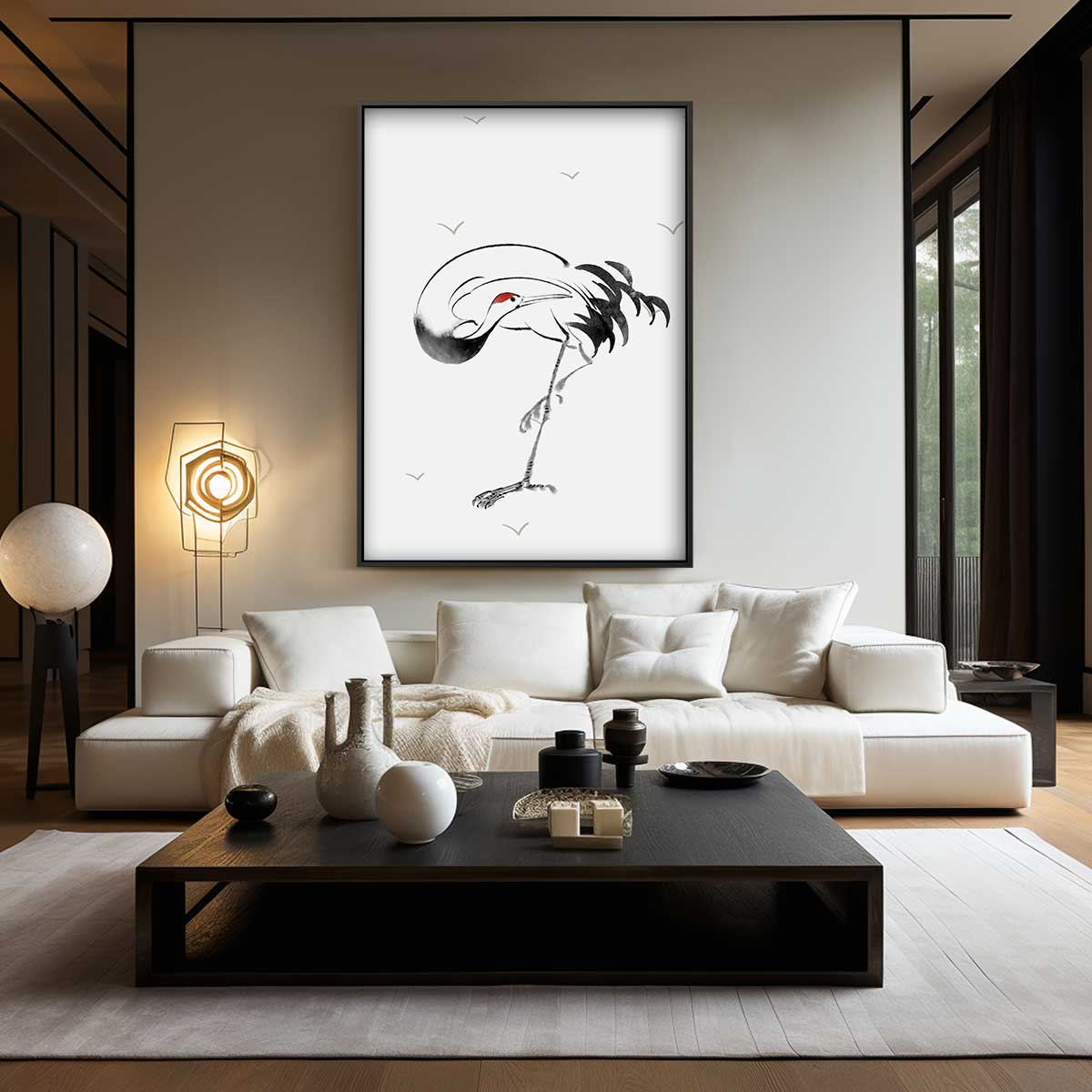 Gracieuse Kraanvogel Schilderij in Inkt Kunstwerk-canvas-dibond-plexiglas-wanddecoratie-WallArtistic