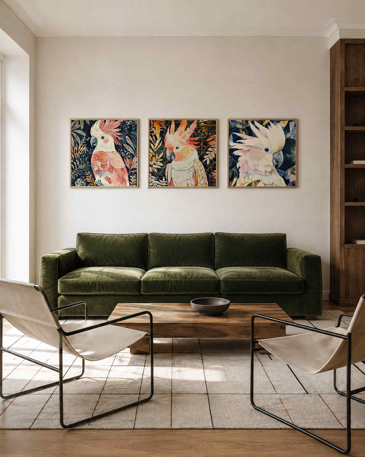 Interieurpresentatie van een driedelige vierkante posterset met kaketoes