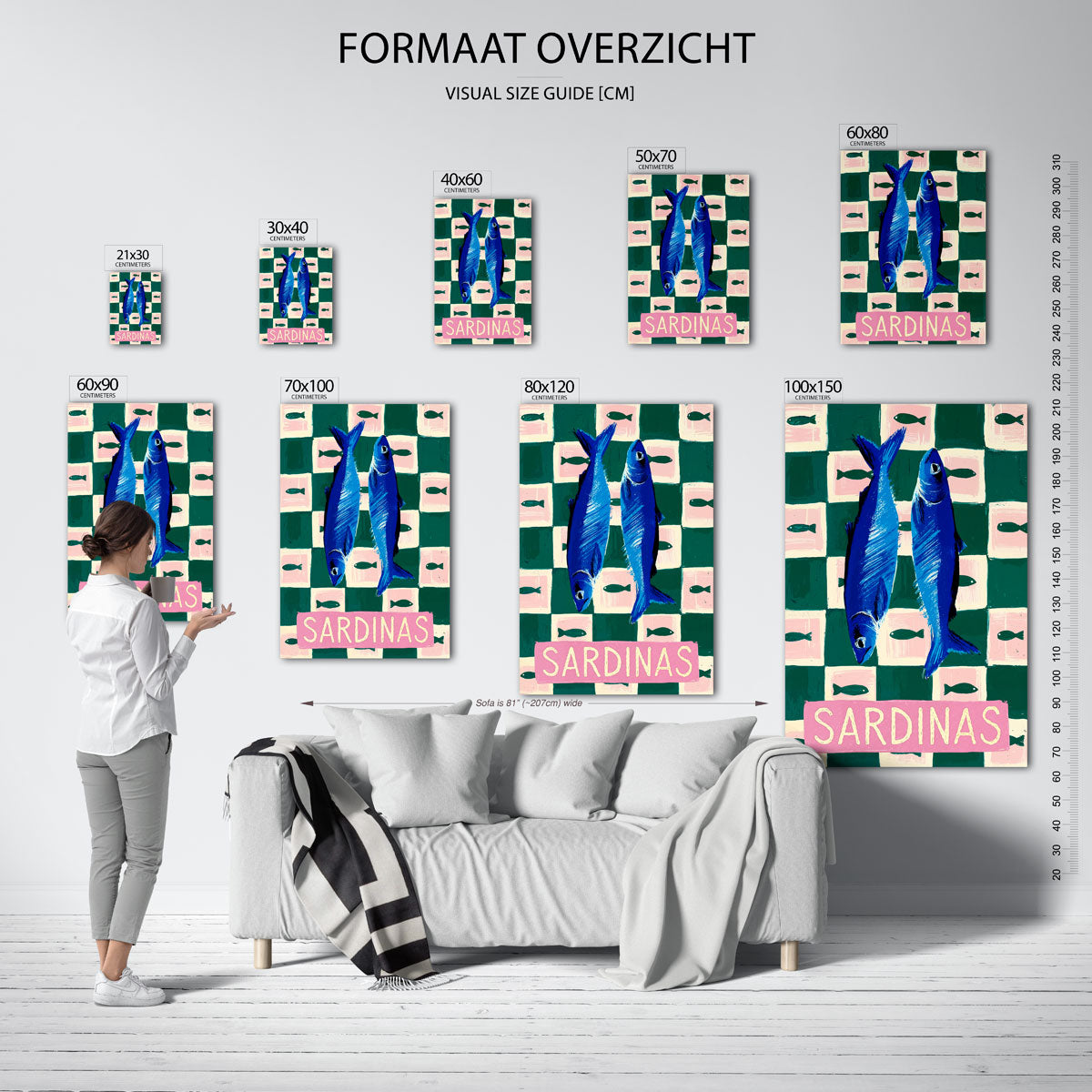 Sardines op geruite achtergrond Poster