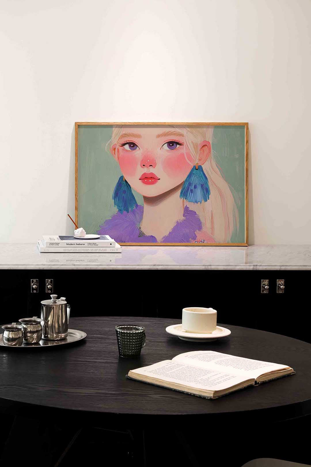 Portret met blauwe oorbellen Poster