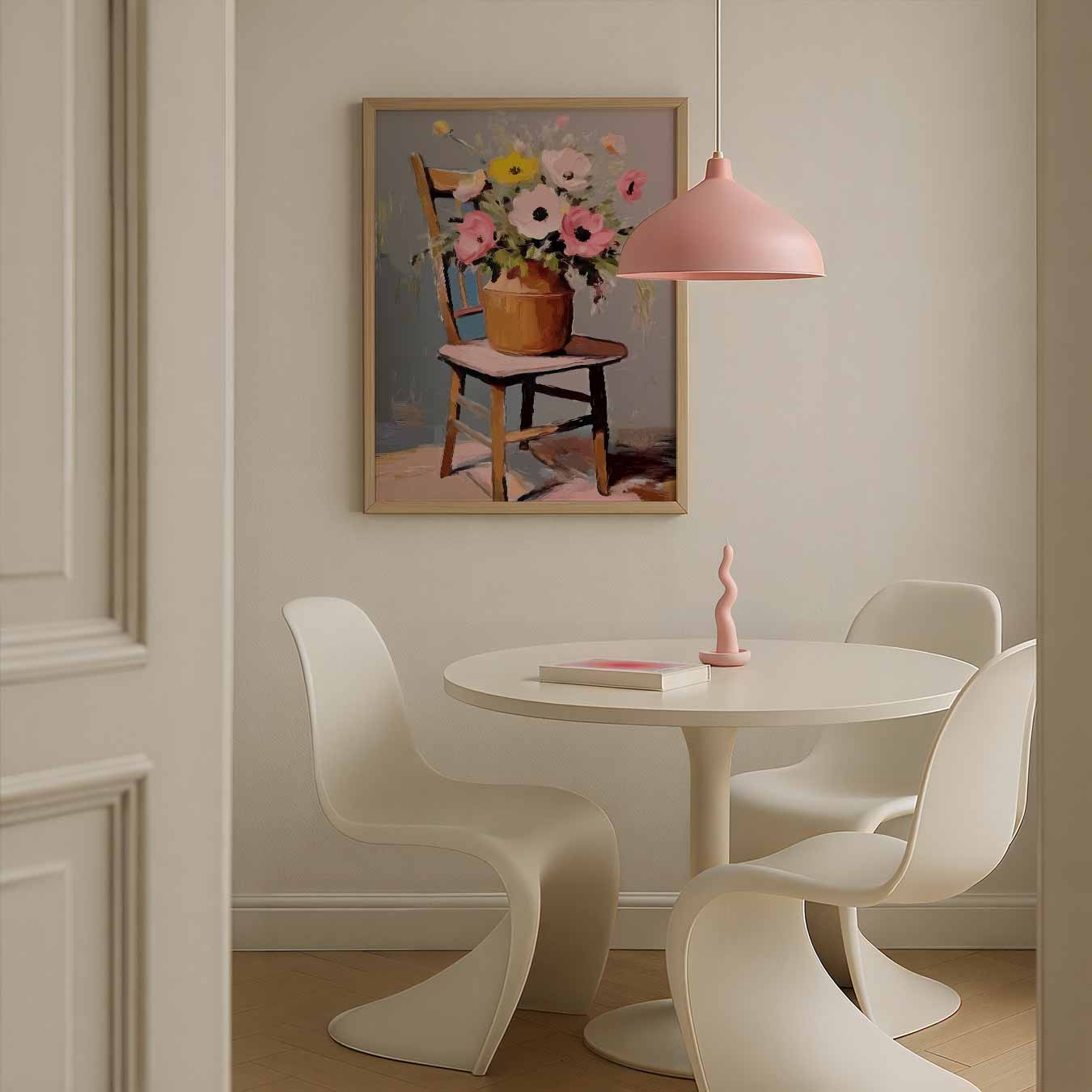 Bloemenvaas op Houten Stoel Poster-WallArtistic